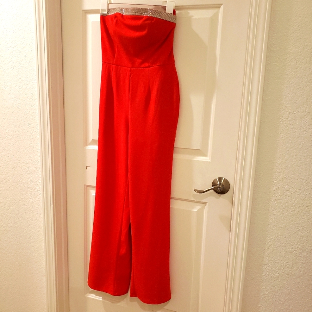 Red rhinestone strapless jumpsuit
